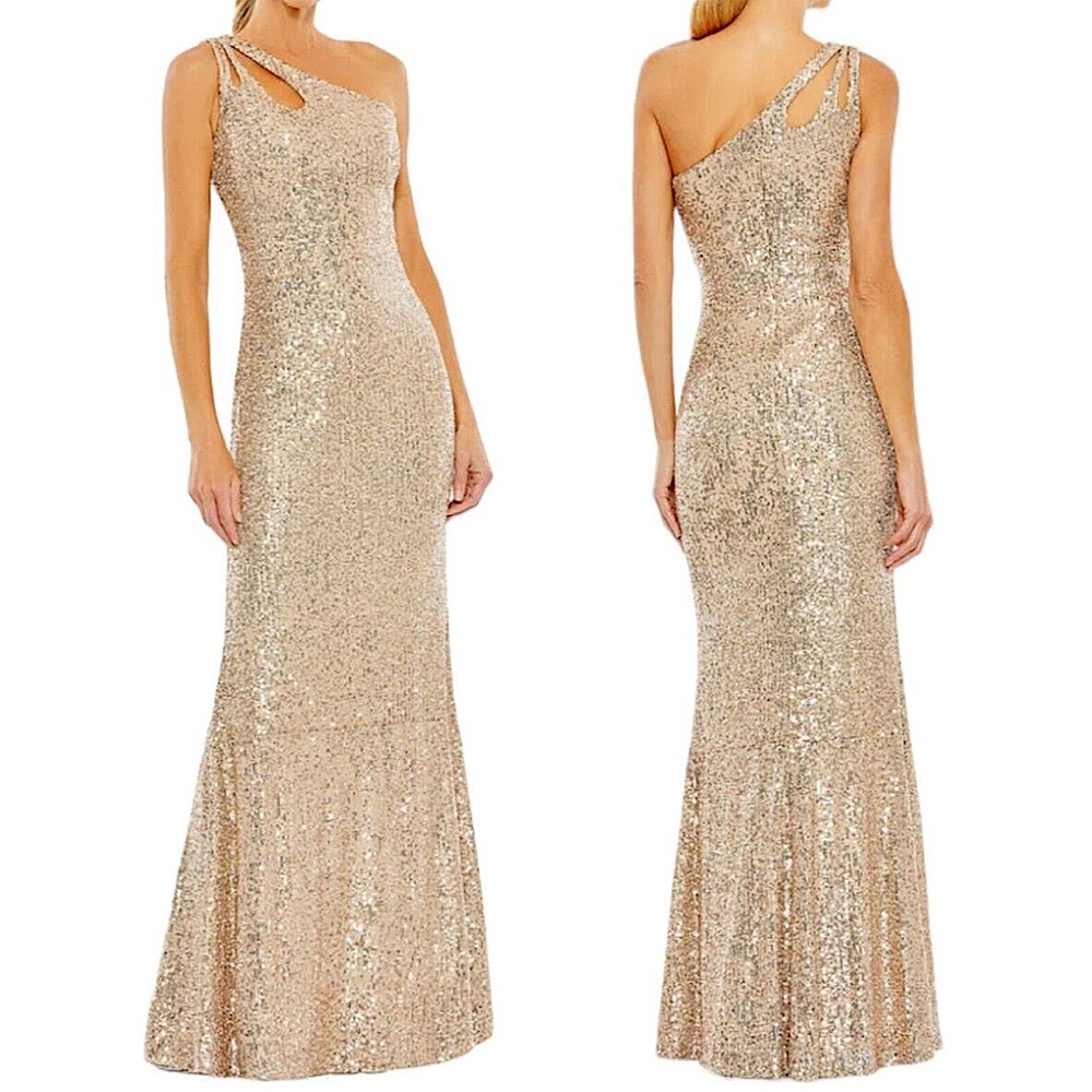 Mac Duggal 42029 Sequined Strappy One Shoulder Column Gold Gown Dress - NWT!